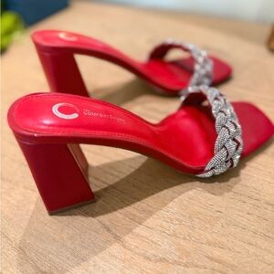 Red Women's Heeled Sandals with Silver Accents